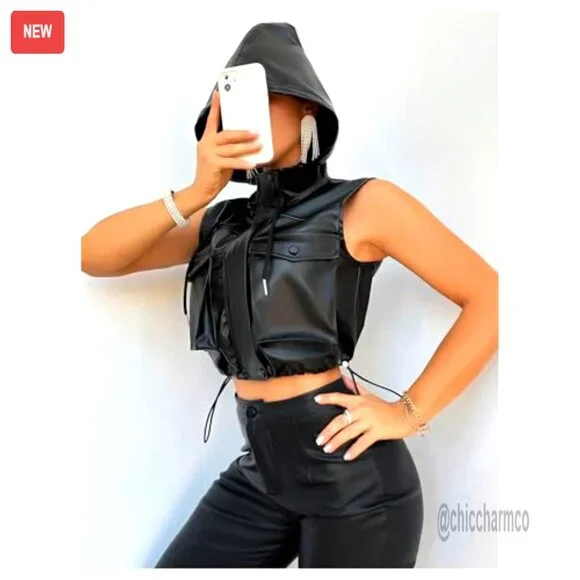 PU Leather Zip Up Cropped Vest Sleeveless Hooded Jacket with Pockets